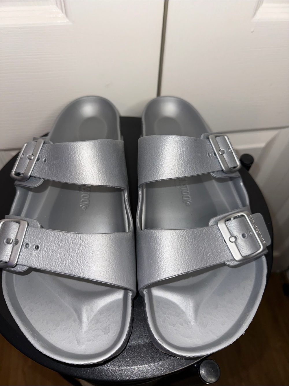 BIRKENSTOCK silver slide sandals